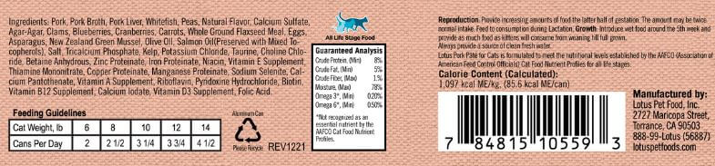 Lotus Cat Pate Pork Recipe label with guaranteed analysis.
