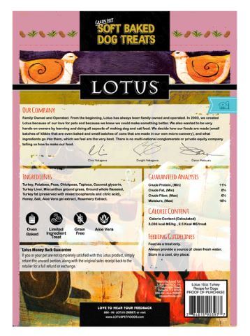 Lotus Grain-Free Soft Baked Turkey Recipe Dog Treats back of the bag label.