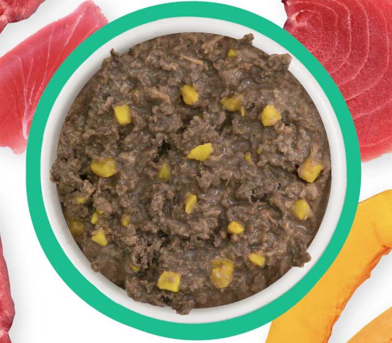 Weruva Minced Valentine Tuna & Pumpkin cat food with lid opened to show product detail while next to savory ingredients