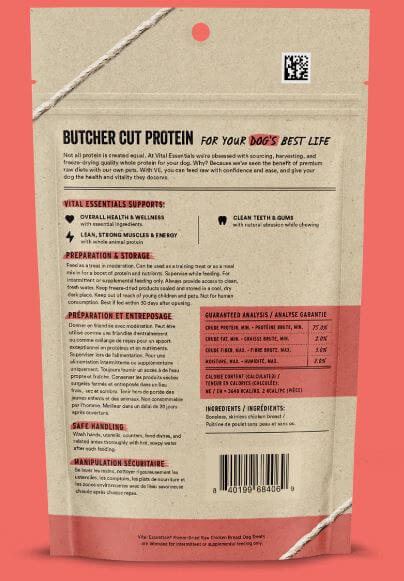 Vital Essentials Freeze-Dried Chicken Breast Dog Treat back of the bag label.