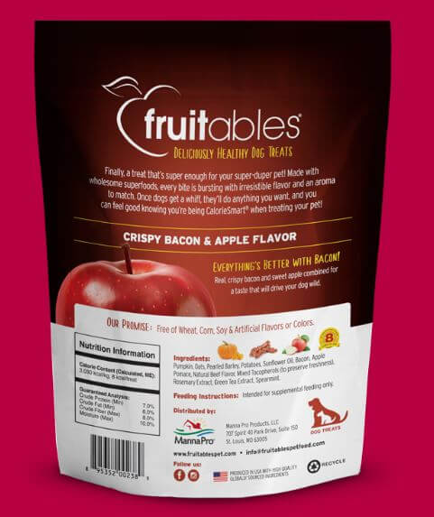 Fruitables Baked Bacon Apple treats back of bag label.
