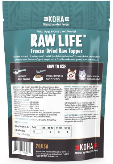 Koha Raw Life Elk and Venison back of the bag label with savory meal topper