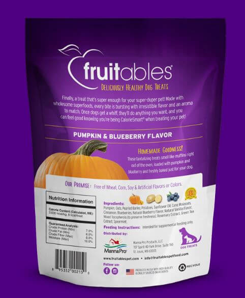 Fruitables Pumpkin and Blueberry Baked Treats back side of the bag, label.