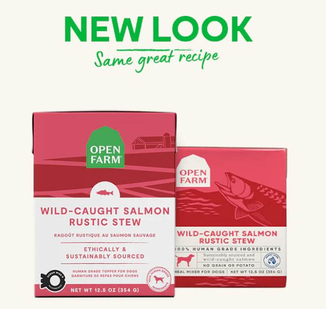 Open Farm Wild-Caught Salmon Rustic Stew new box next to old box with text that reads "new look, same great taste dog's love"