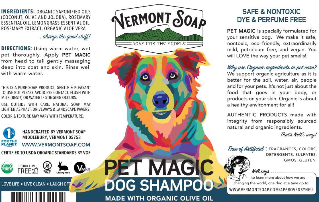 Vermont Pet Shampoo label with ingredients and directions.