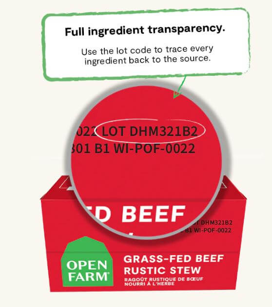 Open Farm back of the box label with scannable QR code for ingredient transparency