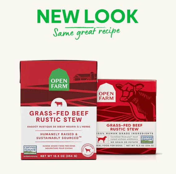 Open Farm Rustic Beef Stew old box next to new box with text that says "new look, same great taste for happy pups"