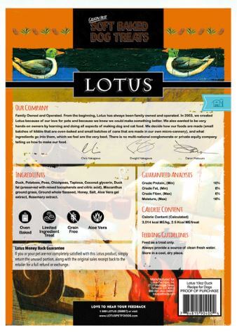Lotus Grain-Free Soft Baked Duck Dog Treats back of the bag label with ingredients and guaranteed analysis.