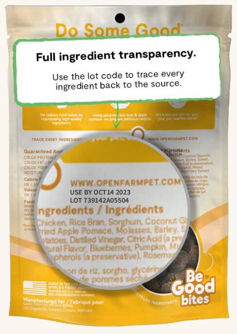 Open Farm Be Good Bites Chicken Recipe back of the bag label for QR code and product transparency