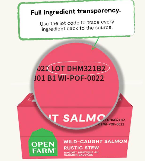 Open Farm Wild-Caught Salmon Rustic Stew back of the box lot code for full ingredient transparency
