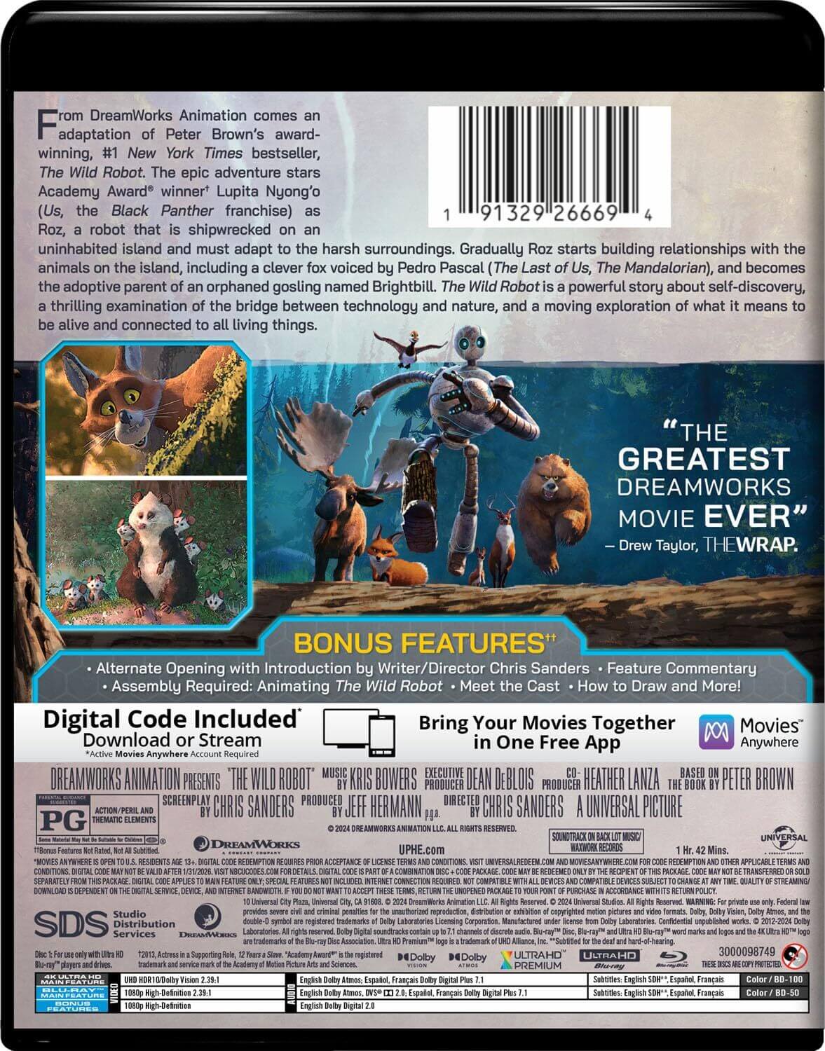 Back Cover - WILD ROBOT (2024),THE/NYONG'O/PASCAL/CONNOR@PG@4K ULTRA HD + BLU-RAY