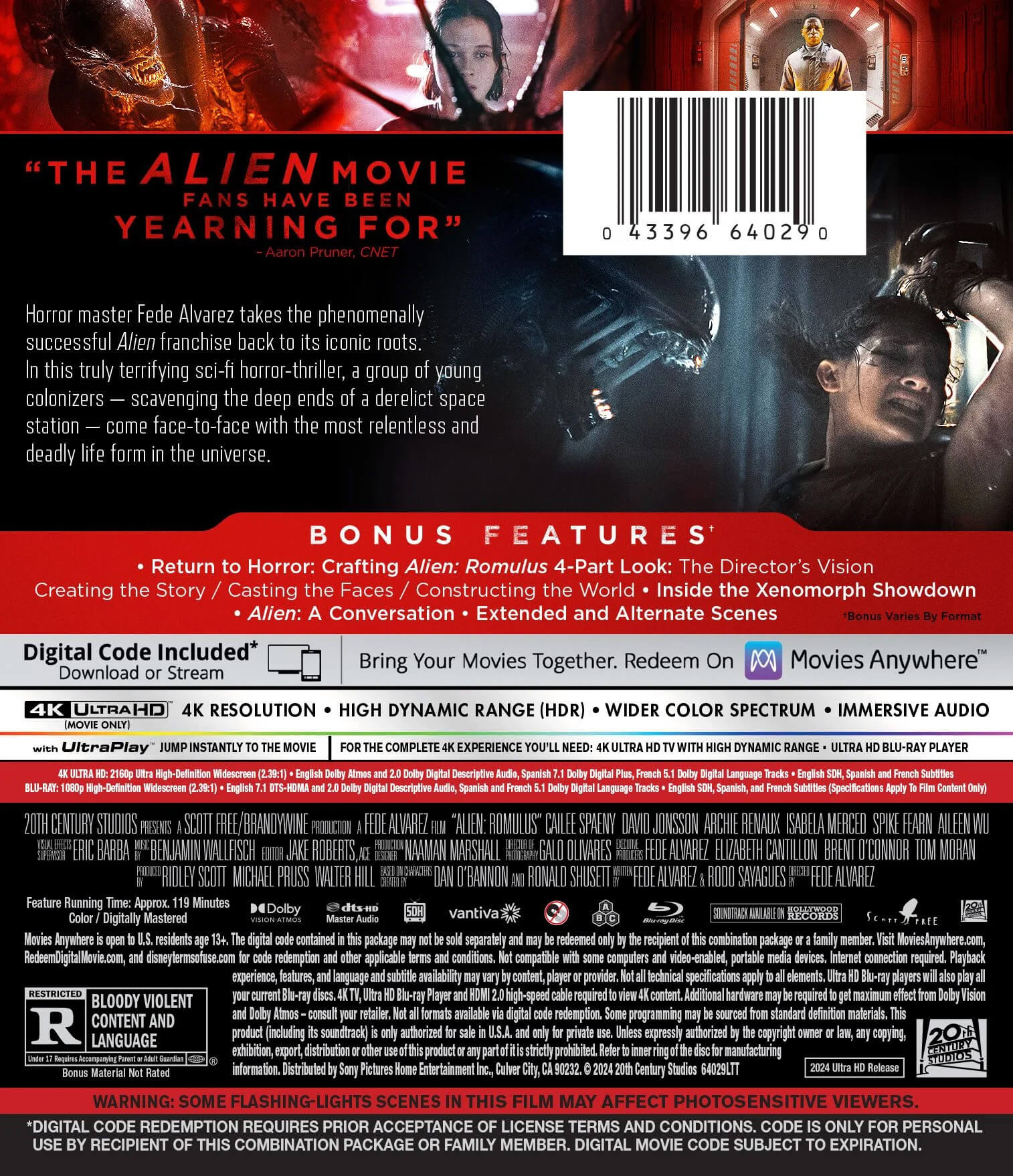 Back Cover - ALIEN: ROMULUS (2024)/SPAENY/JONSSON/RENAUX@R@4K ULTRA HD + BLU-RAY